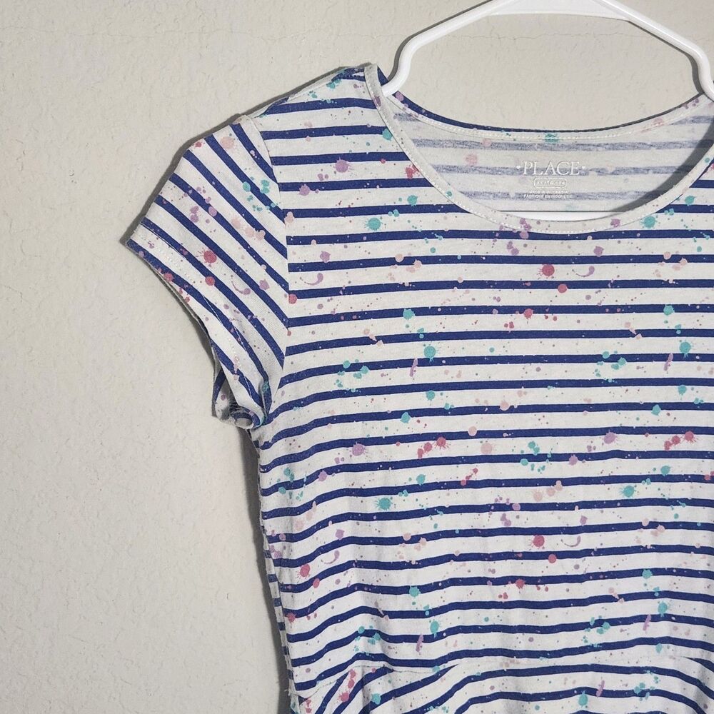 Place Girls Skater Dress XL 14 White Blue Striped Paint Splatter Casual Dress - Picture 2 of 8